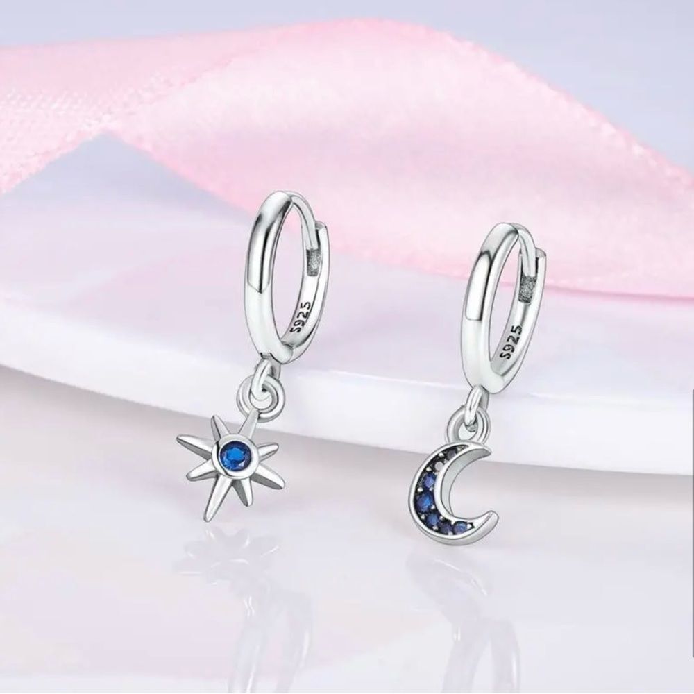 Celestial Star & Moon Blue Zircon Sterling S925 Silver Earrings
